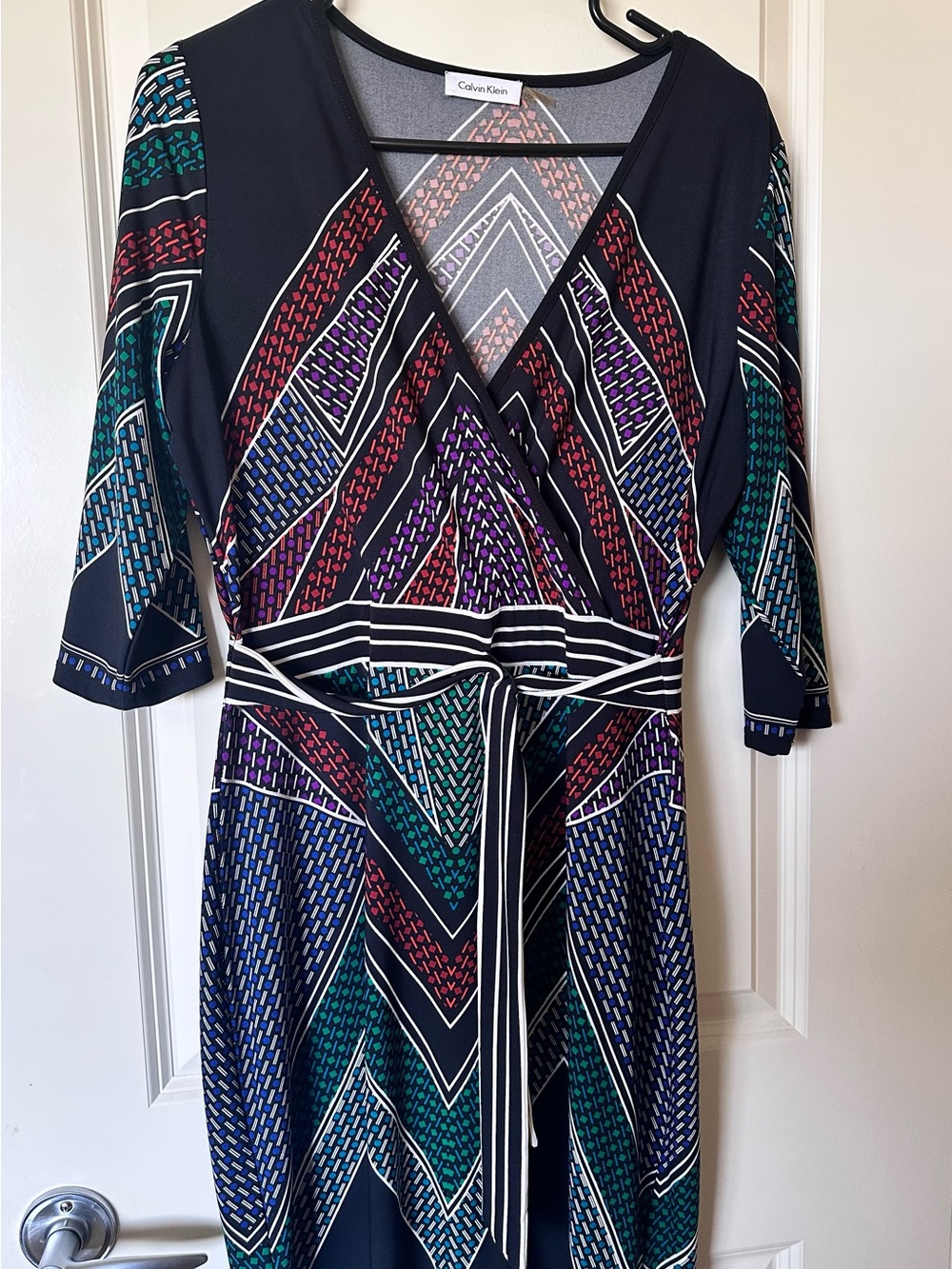 Calvin Klein Navy Wrap Midi Dress with Teal & Purple Geometric Print